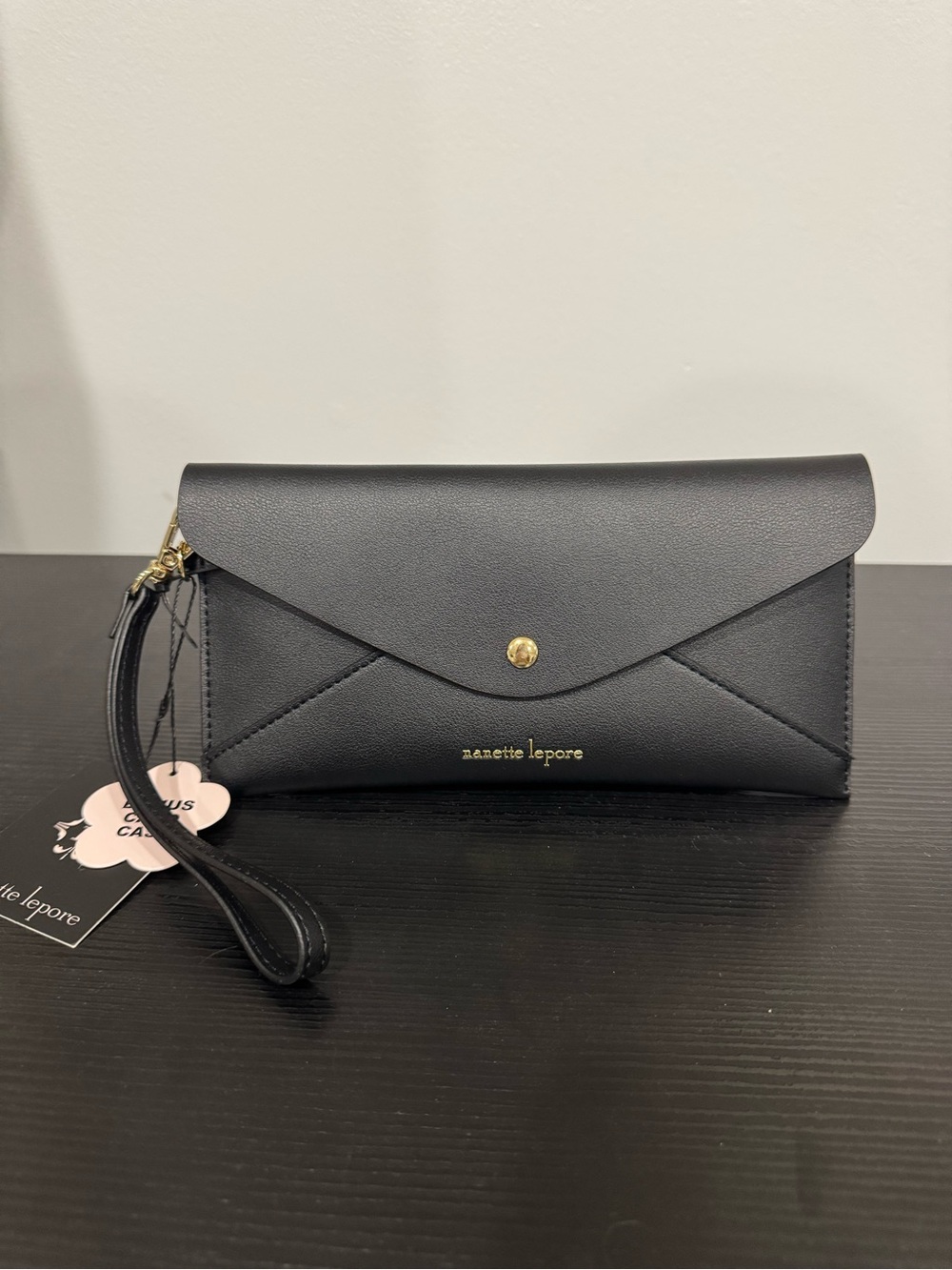 Nanette Lepore Black Envelope Wristlet with Gold Accent